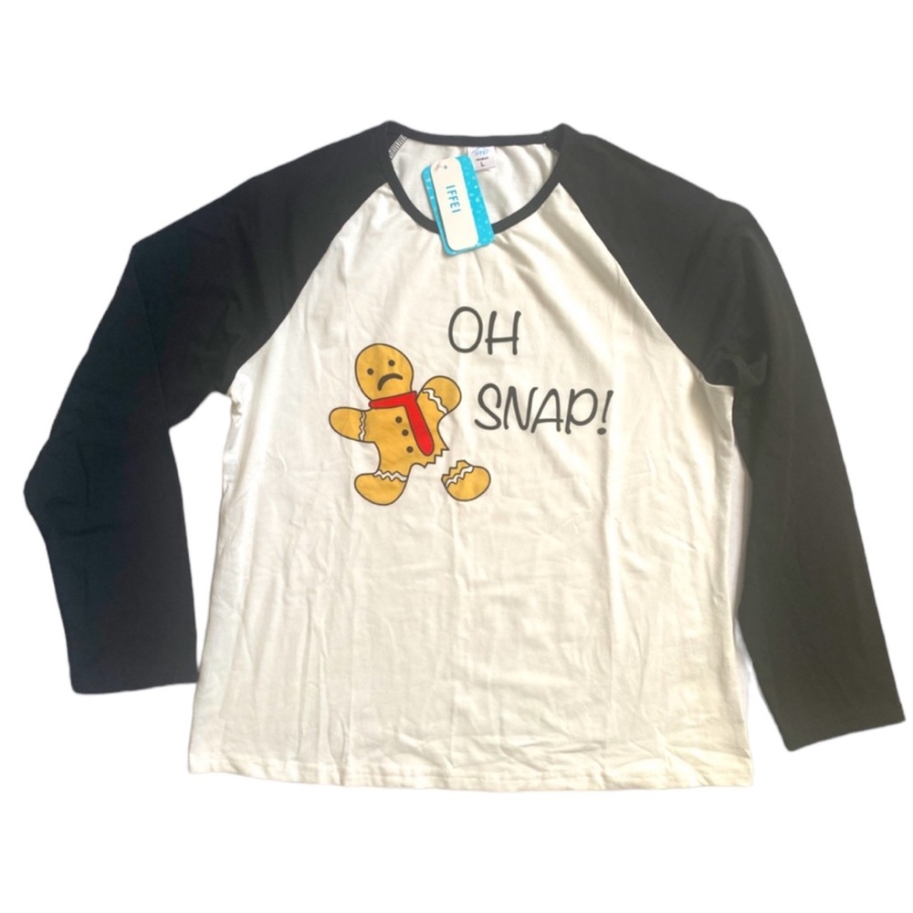 IFFEI Women’s Gingerbread “Oh Snap” White Long Black Sleeves Shirt
Size L‎